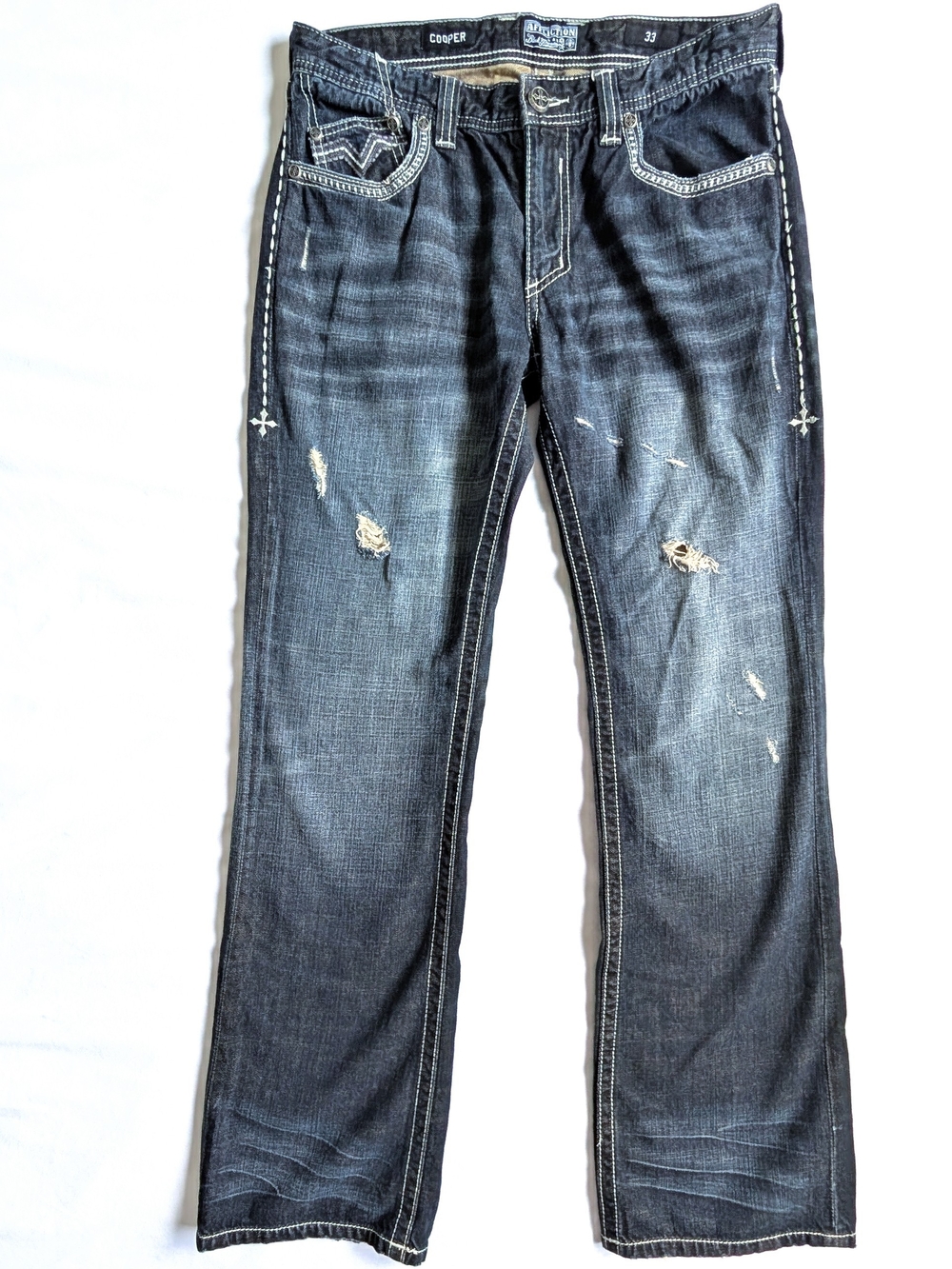 Mens Affliction Cooper Jeans Size 33 Y2K Distressed Buckle Denim